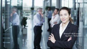 Executive Presence for Women, Woman in corporate suite leaning against glass