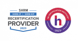 Logos for HR leader SHRM recertification provider and HRCI recertification provider offering continuing education credits.