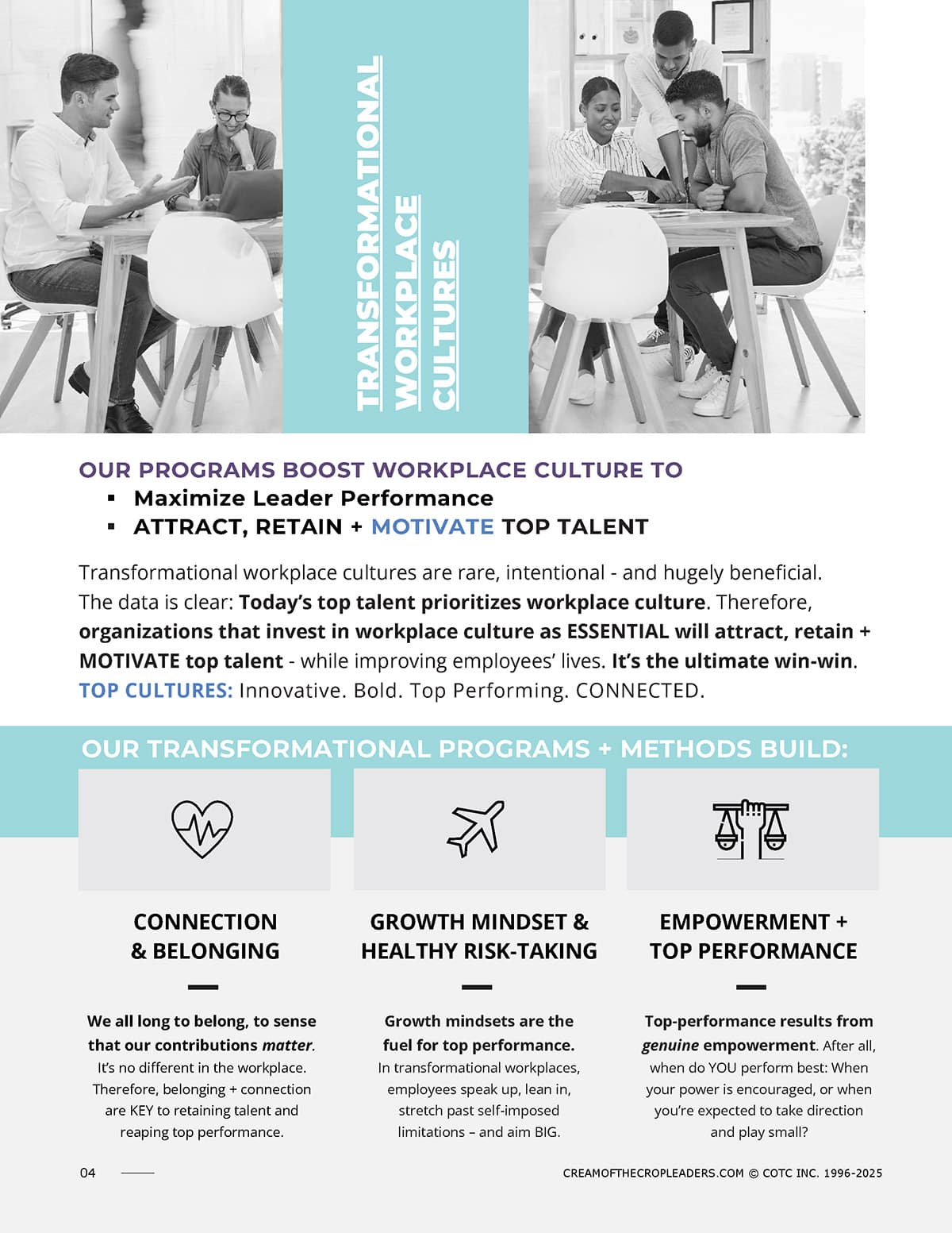 Flyer of best company culture examples called About Transformational Workplace Cultures by Cream of the Crop Leaders. a workplace culture company